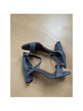 NINE West "Pruce" Silver Glitter Block Heel Ankle Strap Women New Sandal